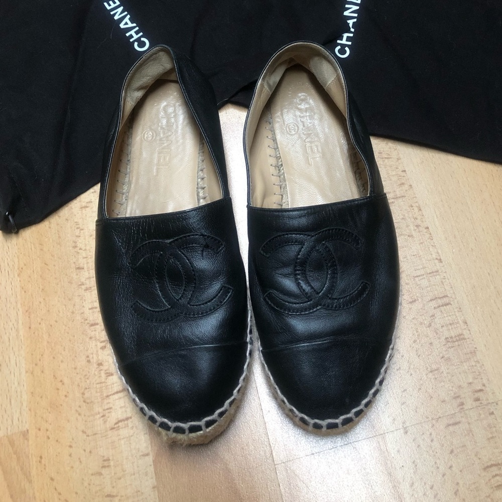 Chanel black leather espadrilles
